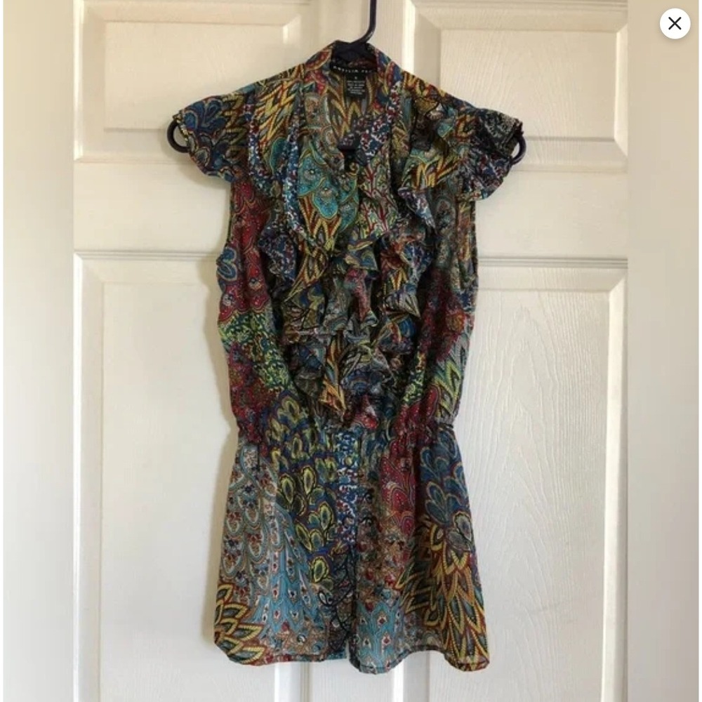 Vintage Y2K Antilia Femme Sleeveless Peacock Paisley Ruffle Peplum Blouse